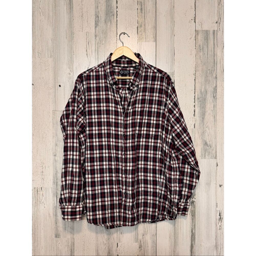 Chaps Plaid Flannel Shirt XXL Red Black White Button Down 100% Cotton